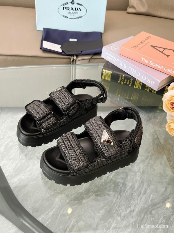 2025 Women Prada Black Woven Leather Platform Sandals LY00300