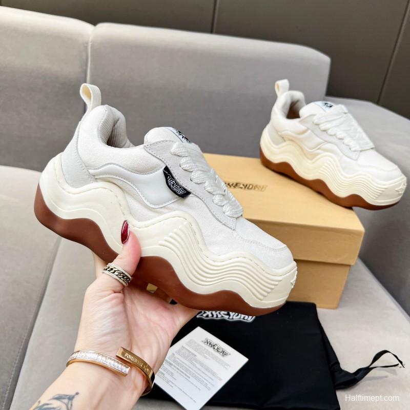 2025 Unisex HEYDAY White Brown Canvas Leather Wave Sneakers KFY00260