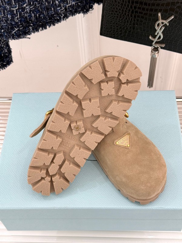 2025 Women Prada Beige Suede Clogs Buckle KFY00280