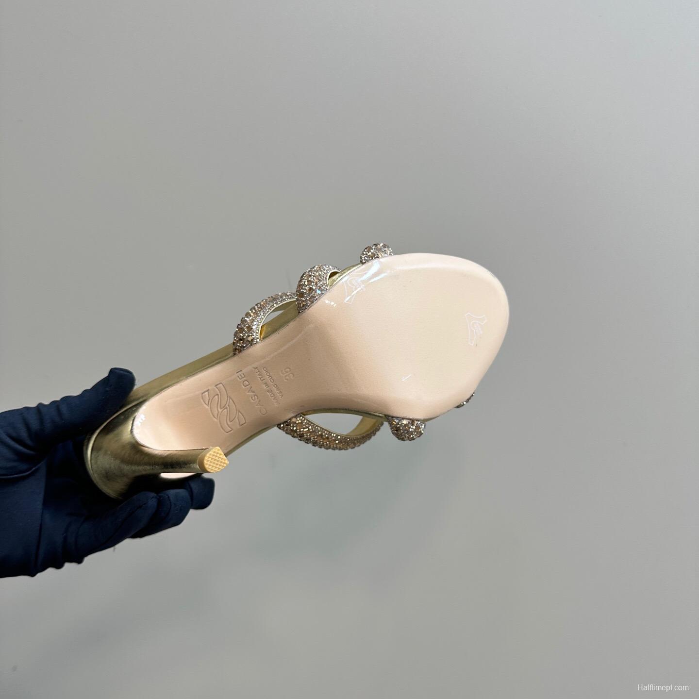 2025 Women Casadei Gold Glitter Leather High Heel Sandals