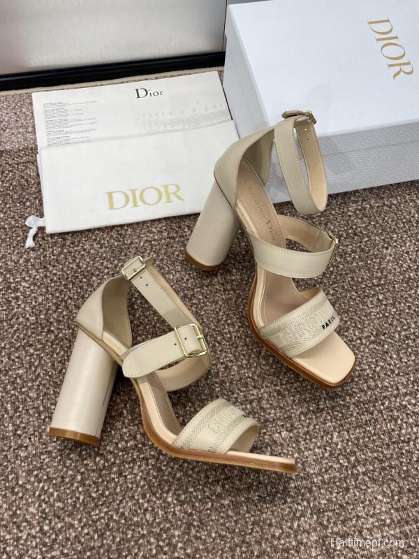 2025 Women Dior Beige Leather Sandals Buckle Strap High Heel