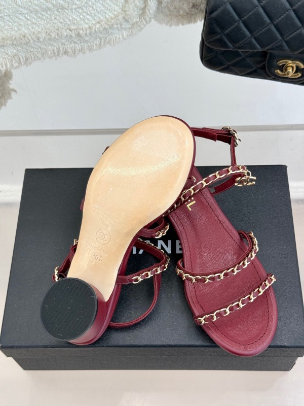 2025 Women Chanel Red Leather Chain Strap Sandals KFY00270