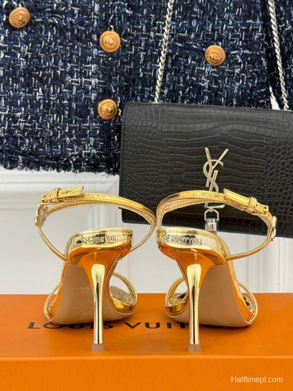 2025 Women Louis Vuitton Gold Leather Sandals