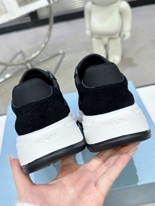 2025 Women Prada Black Leather Mesh Sneakers KFY00310
