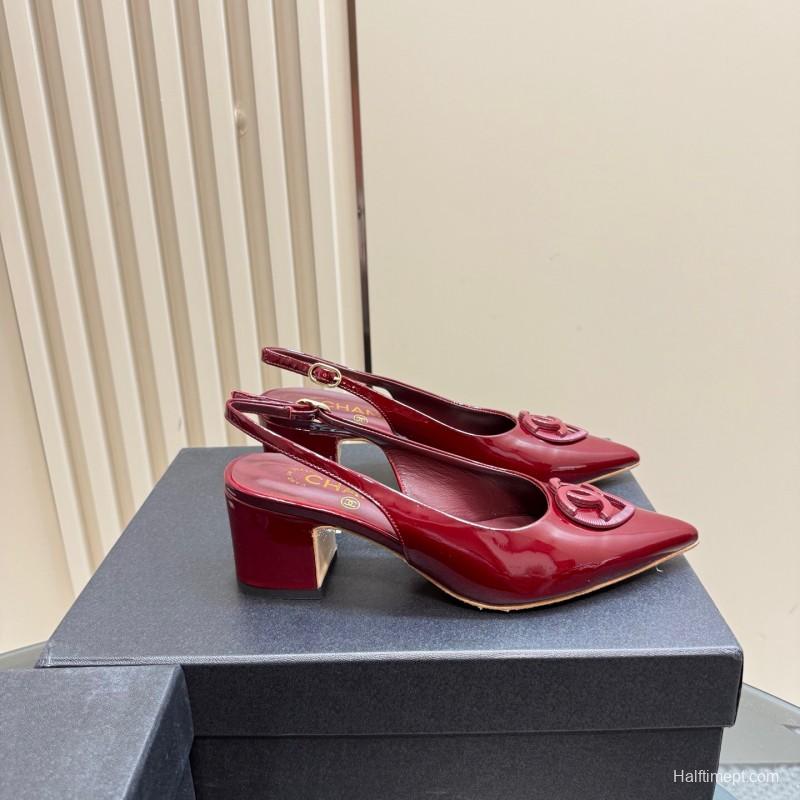 2025 Women Chanel Burgundy Patent Leather Slingback Pumps