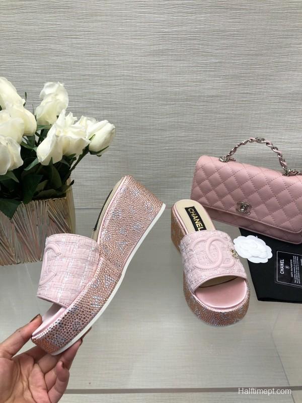 2025 Women Chanel Pink Tweed Platform Slippers LY00320