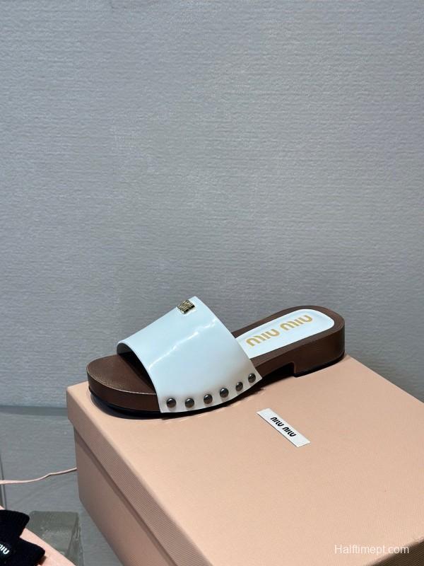 2025 Women Miumiu White Leather Slippers