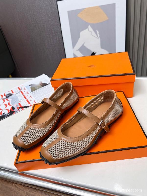 2025 Women Hermès Beige Mesh Leather Mary Jane LY00230