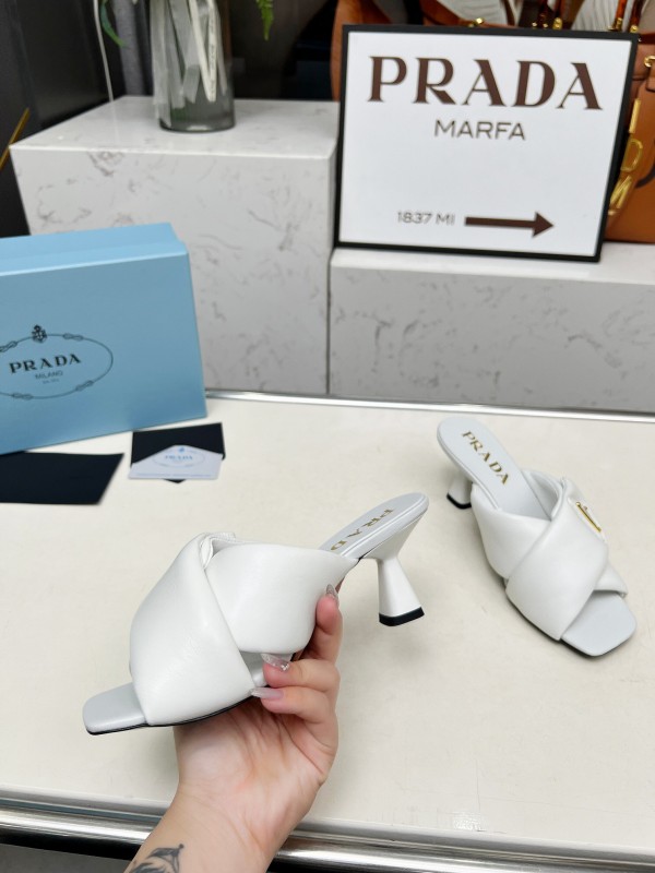 2025 Women Prada White Calf Leather Heeled Slide LY00270