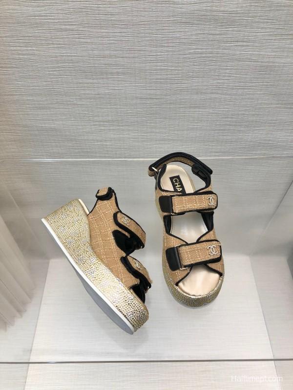 2025 Women Chanel Beige Black Leather Sandals Platform Thick Sole LY00330