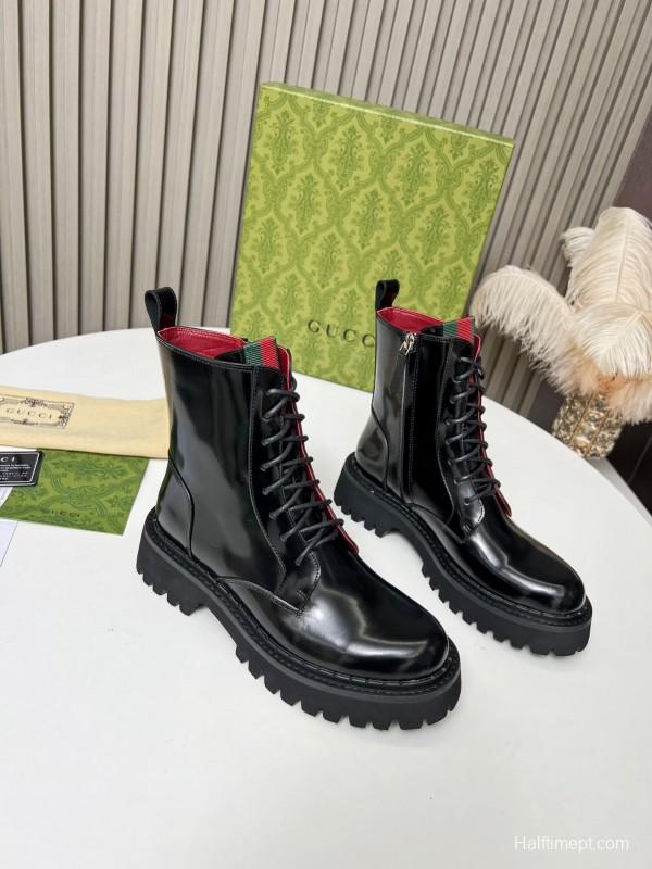 2024 Women Gucci Black Red Leather Ankle Boots MJ00340