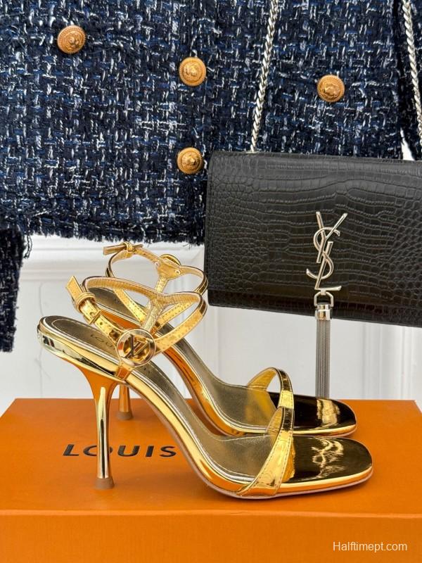 2025 Women Louis Vuitton Gold Leather Sandals