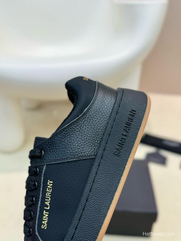 2024 Unisex Yves Saint Laurent Black Silk Leather Casual Shoes Embossed Logo MJ00350