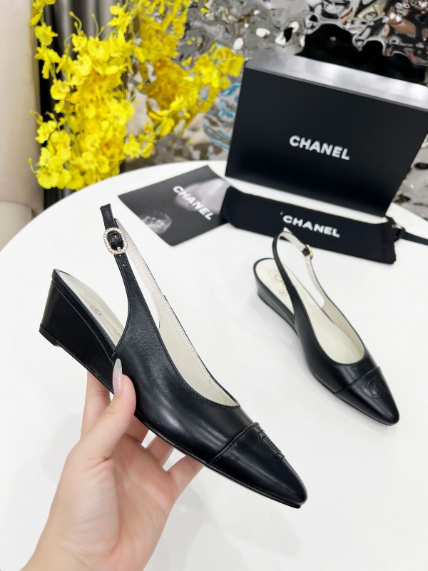 2025 Women Chanel Black Leather Slingback Flats