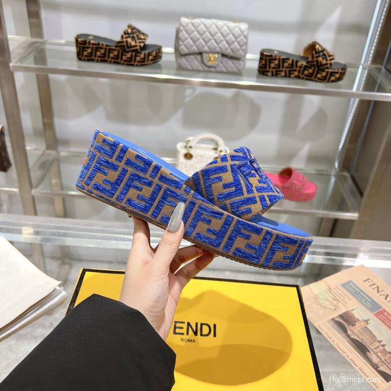 2025 Slippers Fendi Blue Brown Fabric FF Jacquard Platform