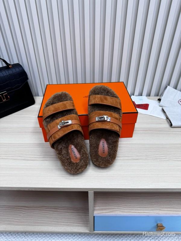 2024 Slippers Hermès Brown Suede Shearling Slippers MJ00300