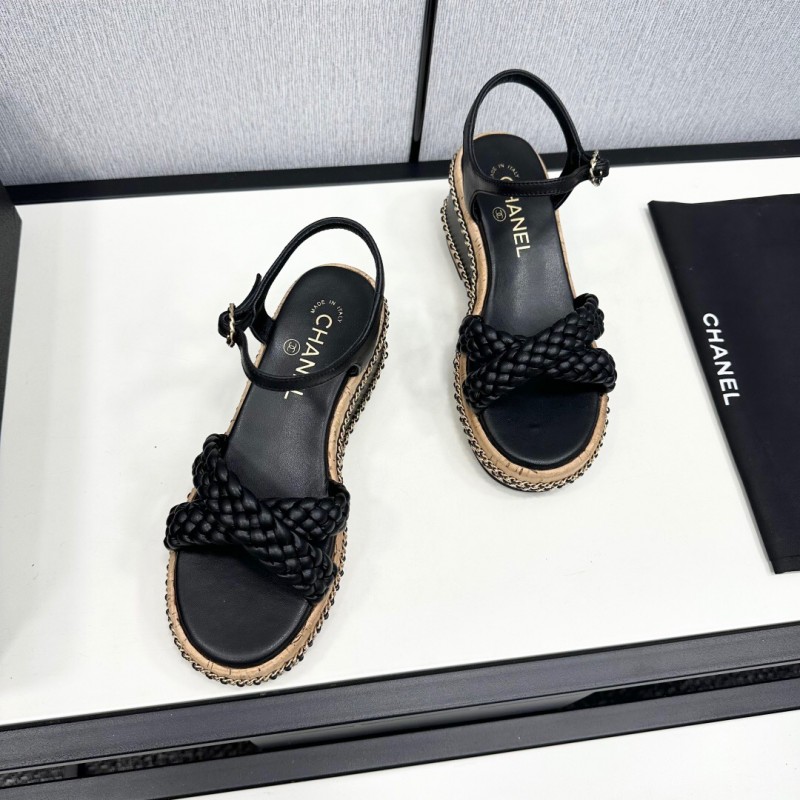 2025 Women Chanel Black Leather Braided Wedge Sandals