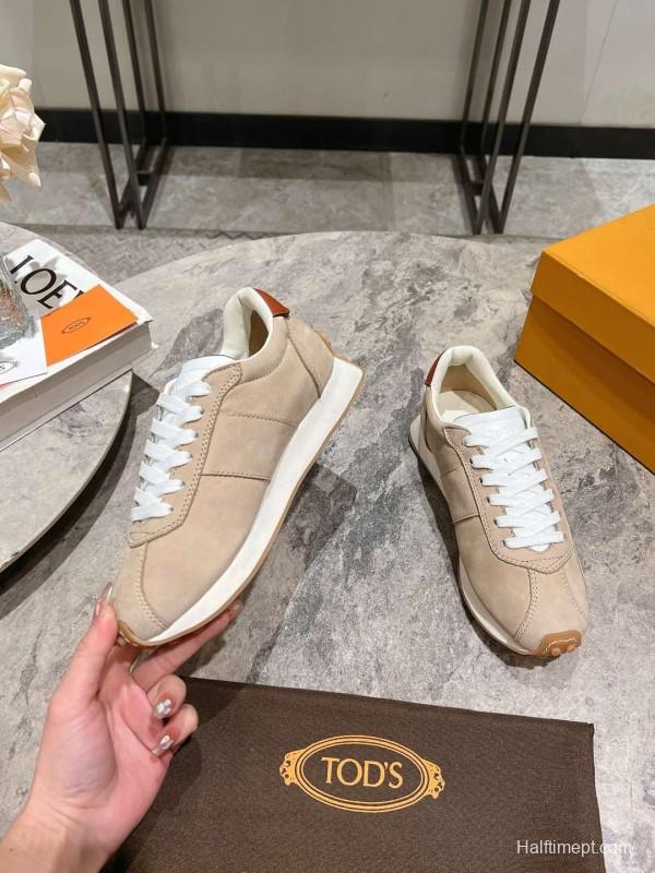 2025 Women TOD'S Beige Leather Suede Sneakers KFY00350