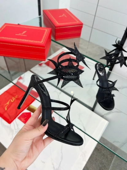 2025 Women RC Black Leather High Heel Sandal Star Detail LY00340