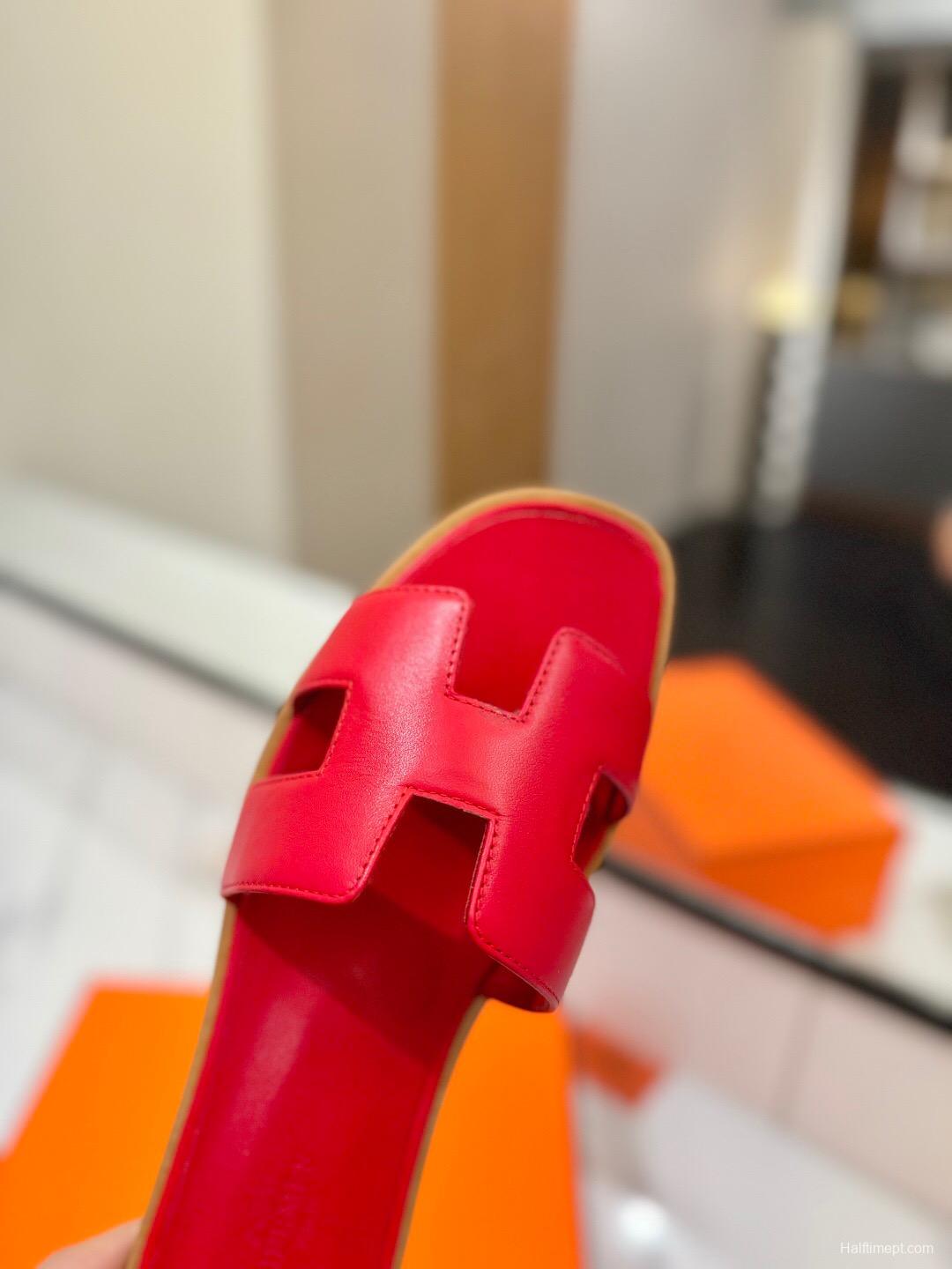 2025 Women Hermès Red Leather Slippers