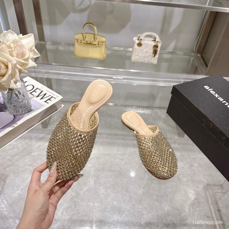 2025 Slippers Alexander Wang Beige Crystal Beaded Leather Slippers LY00310