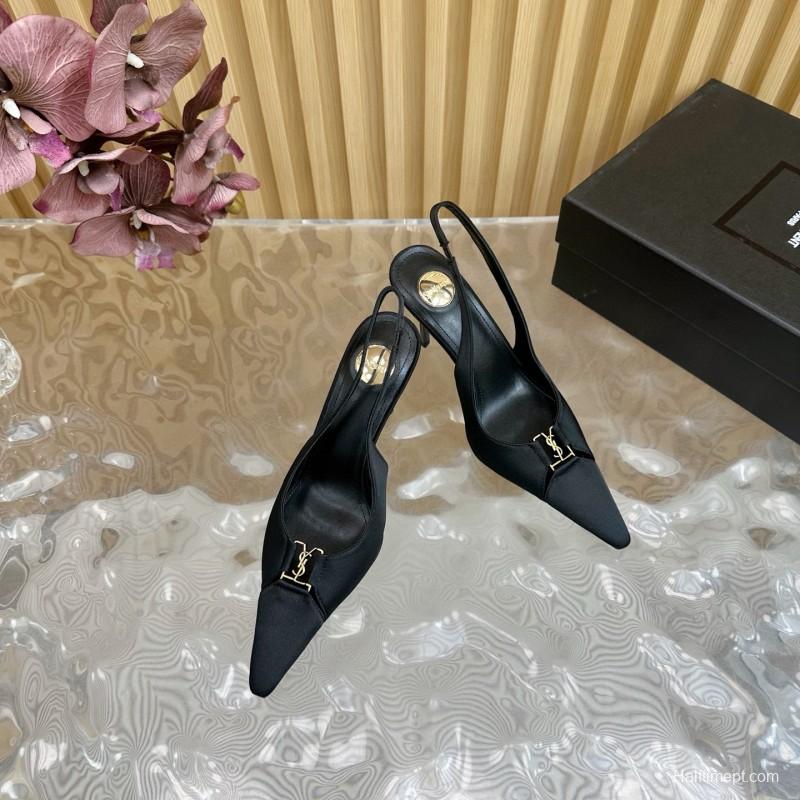 2025 Women Yves Saint Laurent Black Leather Slingback Pumps MJ00300