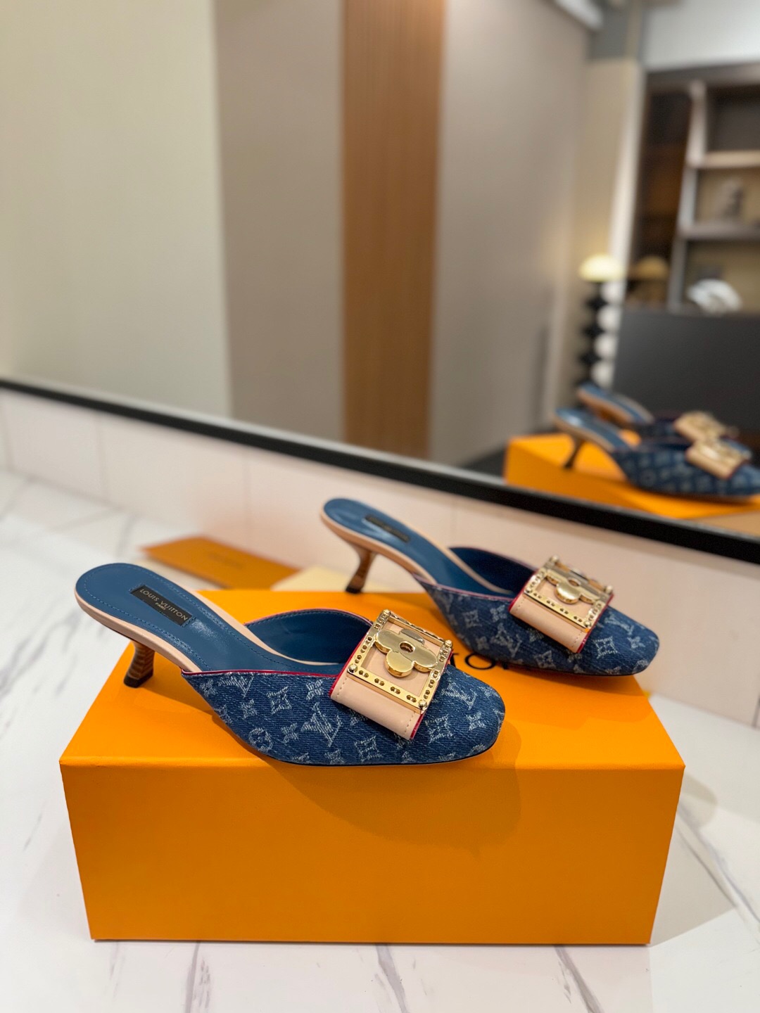 2025 Women Louis Vuitton Blue Denim Leather Mule Hardware KFY00320