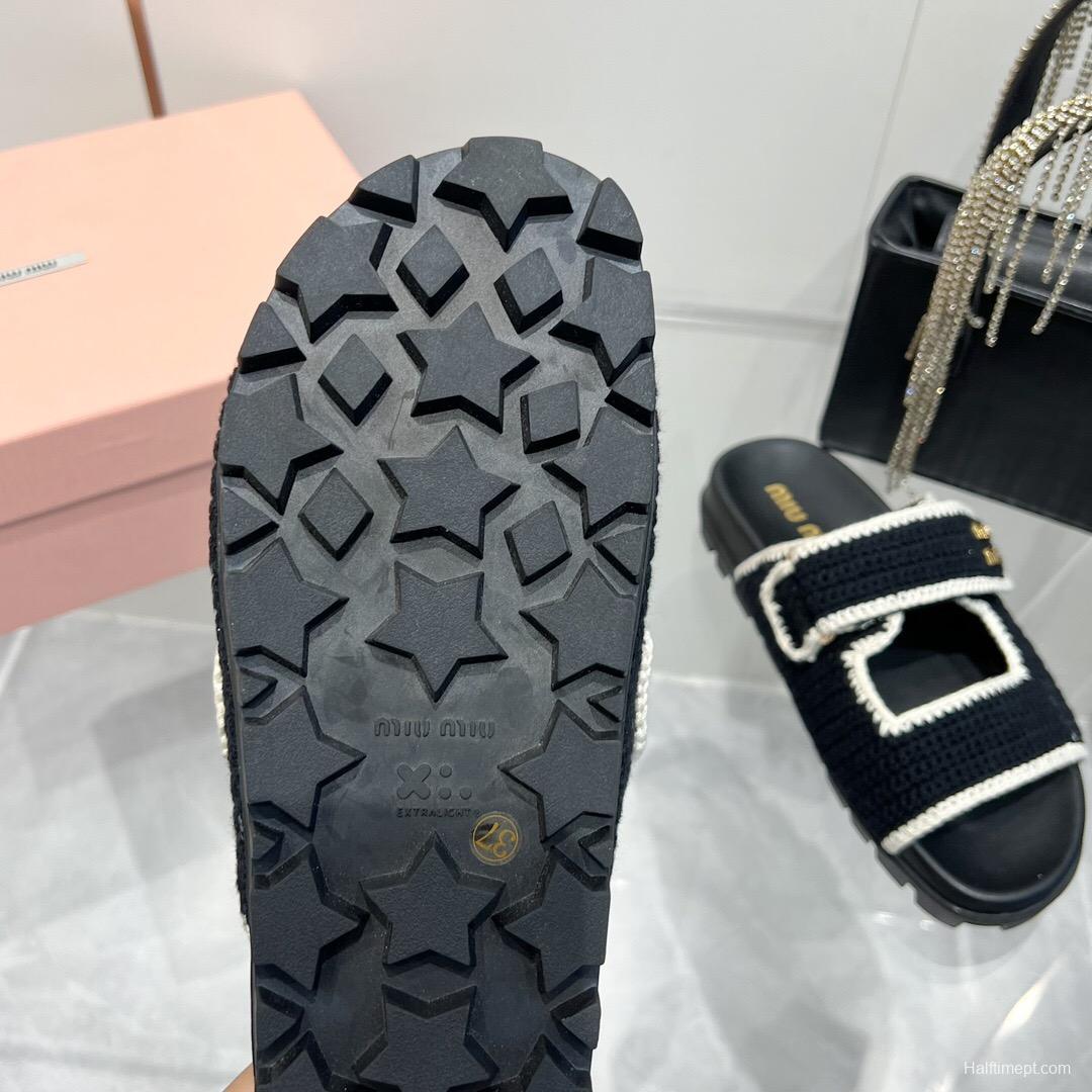 2025 Miu Miu Black White Crochet Leather Slippers KFY00290