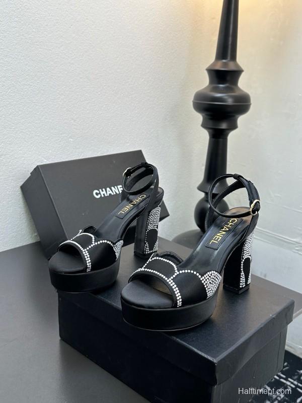 2025 Women Chanel Black Fabric Leather Rhinestone Platform Sandals KFY00320