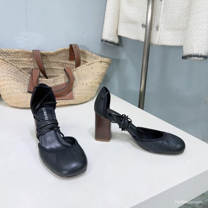 2025 Women LEMAIRE Black Leather Mary Jane Block Heel KFY00300