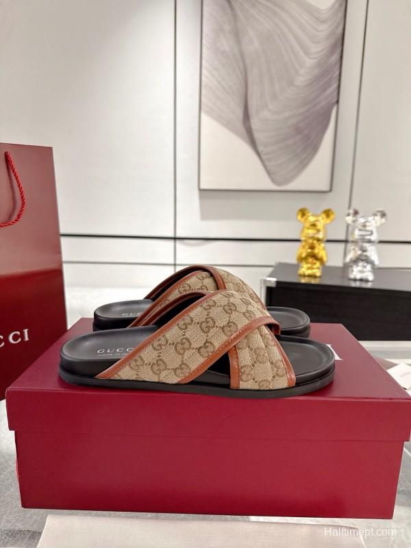 2025 Unisex Gucci Beige Brown Canvas Leather Slippers Double G Embossed AS00240