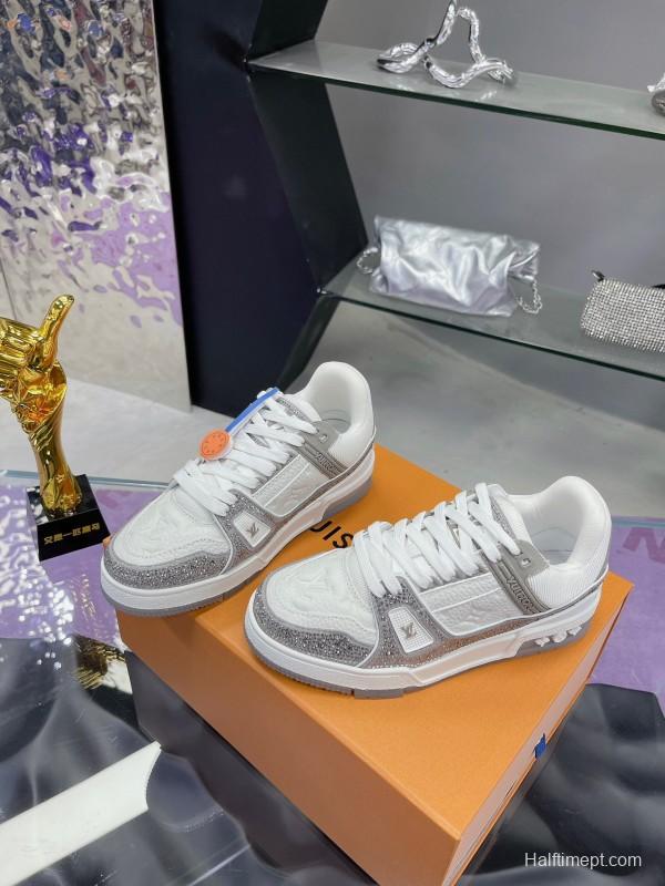 2025 Unisex Louis Vuitton White Silver Leather Fabric Plimsolls Handcrafted Crystals AS00400