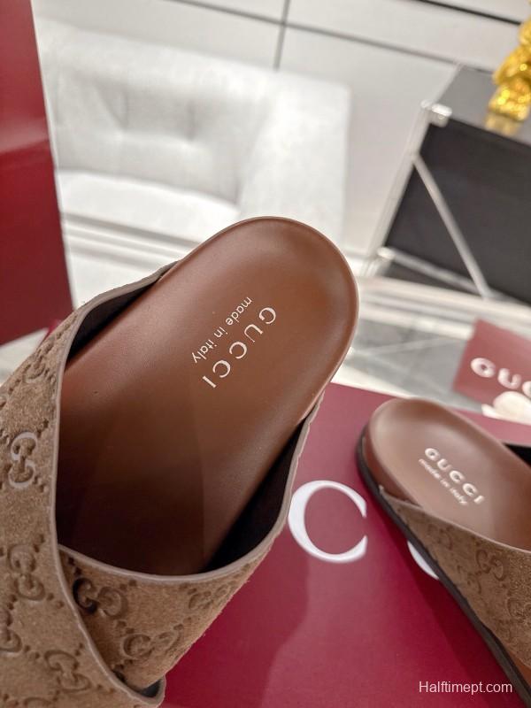 2025 Women Gucci Brown Suede Slippers GG Embossed AS00240