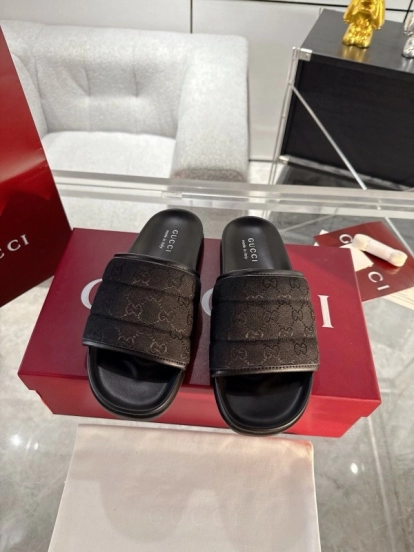 2025 Unisex Gucci Black Fabric Slippers GG Embossed AS00240