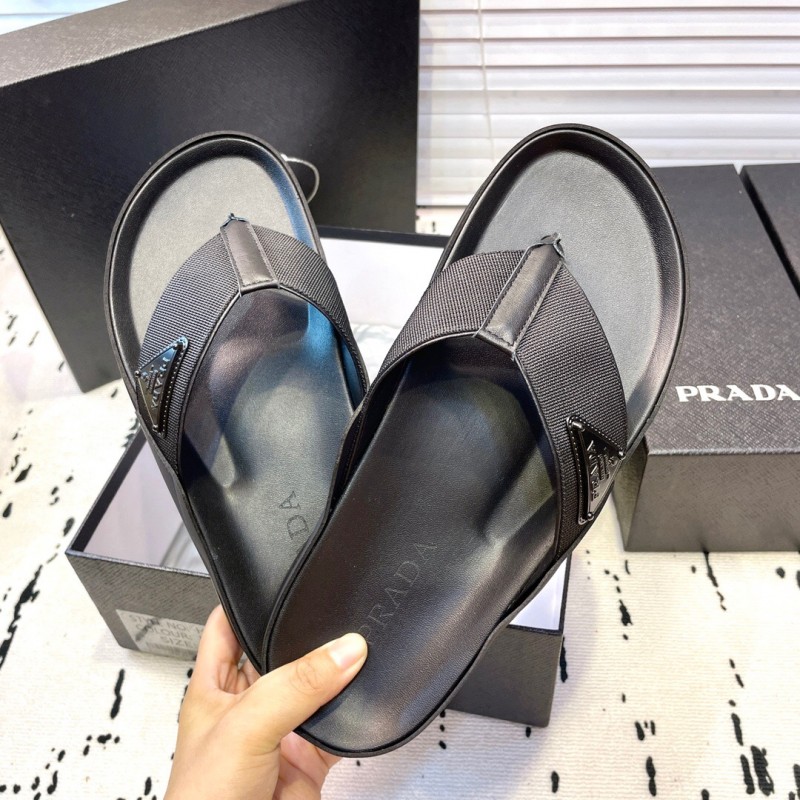 2025 Men Prada Black Fabric Leather Sandals Logo KFY00230