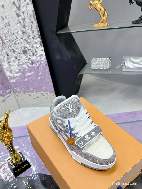 2025 Unisex Louis Vuitton Silver Grey White Leather Fabric Plimsolls Hand-Crafted Crystal AS00400