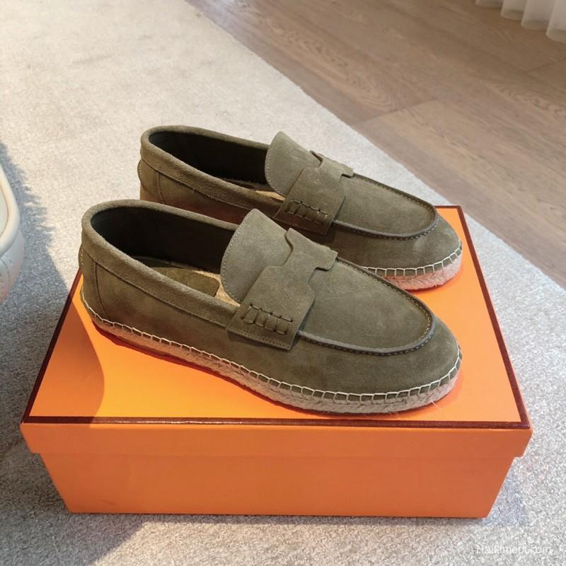 2025 Unisex Hermès Olive Suede Calfskin Loafers AS00380