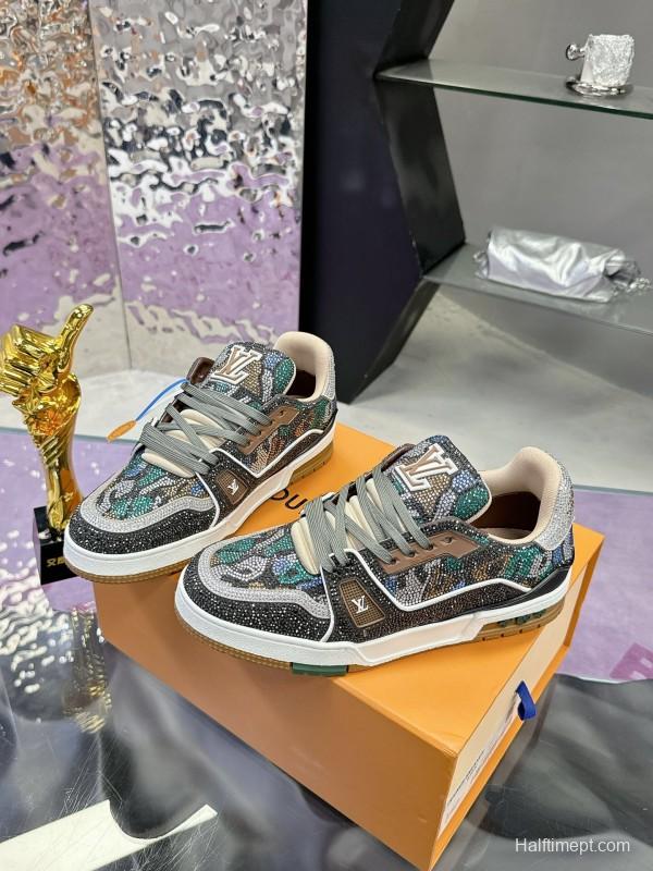 2025 Unisex Louis Vuitton Blue Grey Black Leather Fabric Sneakers Handcrafted Crystals AS00400