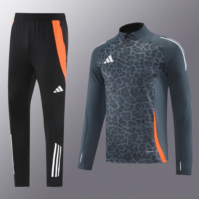 2025 Adidas Dark Grey & Black with Leopard Print Pattern and Orange Accents Half Zipper Jacket +Long Pants