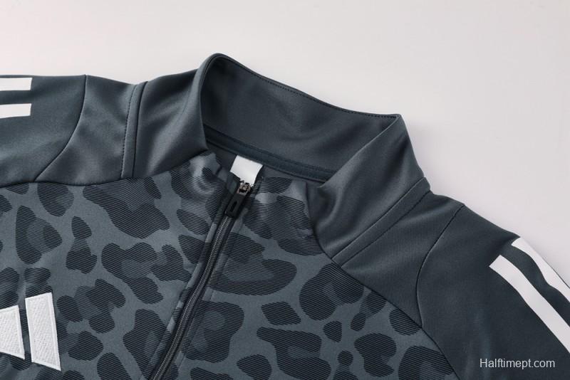 2025 Adidas Dark Grey & Black with Leopard Print Pattern and Orange Accents Half Zipper Jacket +Long Pants