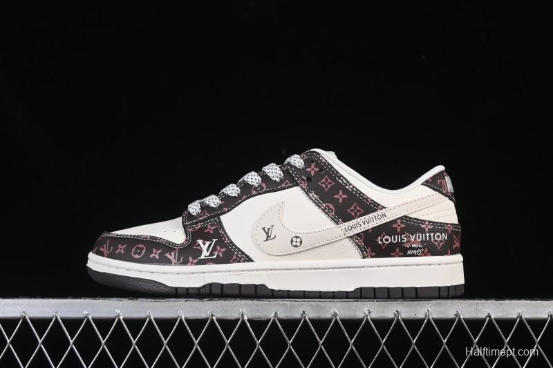 Nike SB Dunk Low LV Collaboration White Brown Classic Anniversary High-End Custom Low-Top Casual Skate Shoes - CX5050-Y05