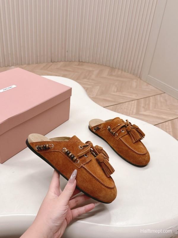 Miu Miu Fall/Winter 2025 Tassel Loafer Mule with Bead Accents - LY00320