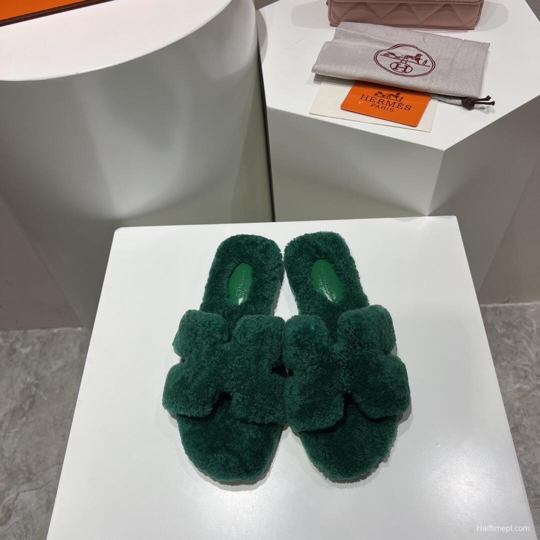 H Teddy Wool H Slippers Flat Sole Fur Slippers - LY00240