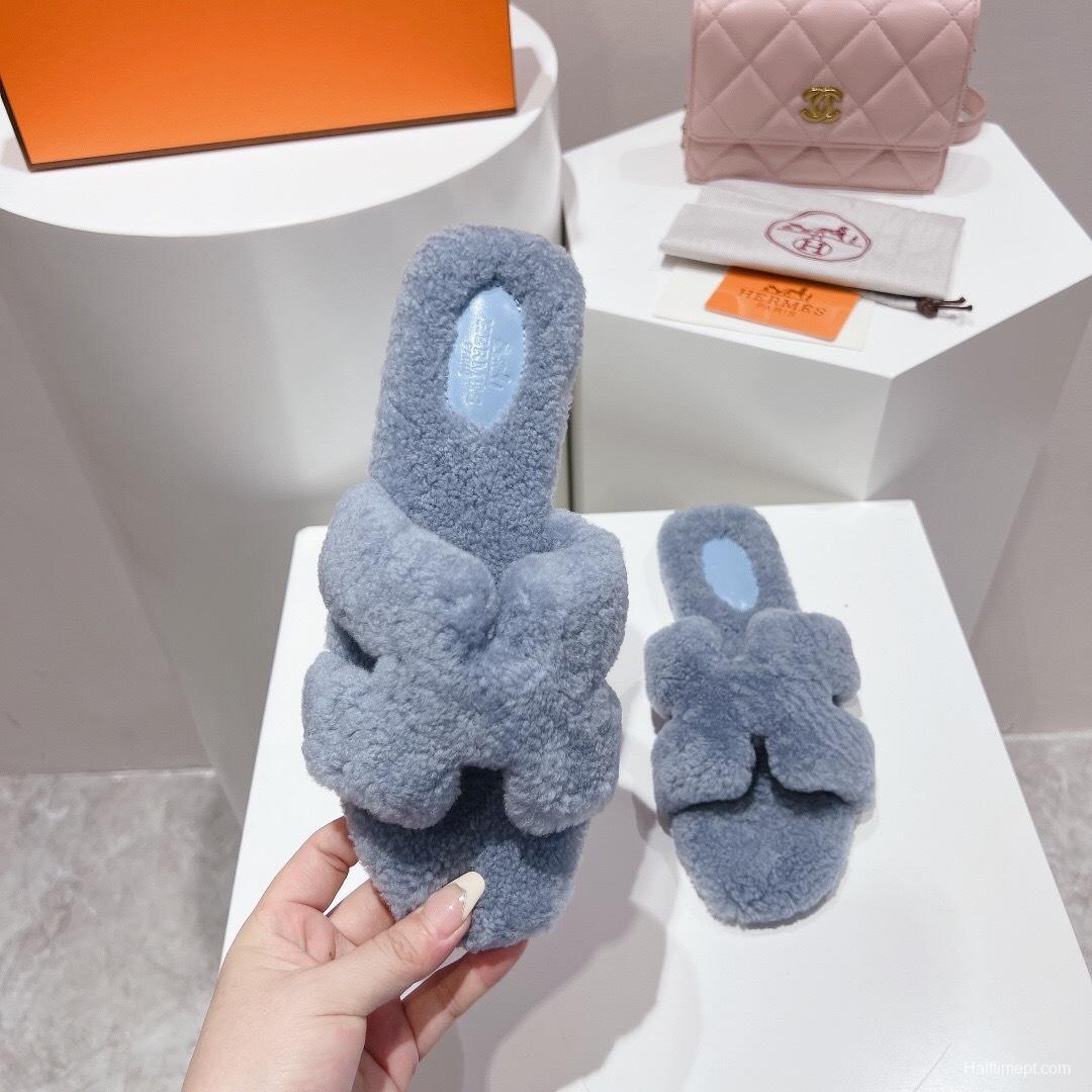 H Teddy Wool H Slippers Flat Sole Winter Edition - LY00240