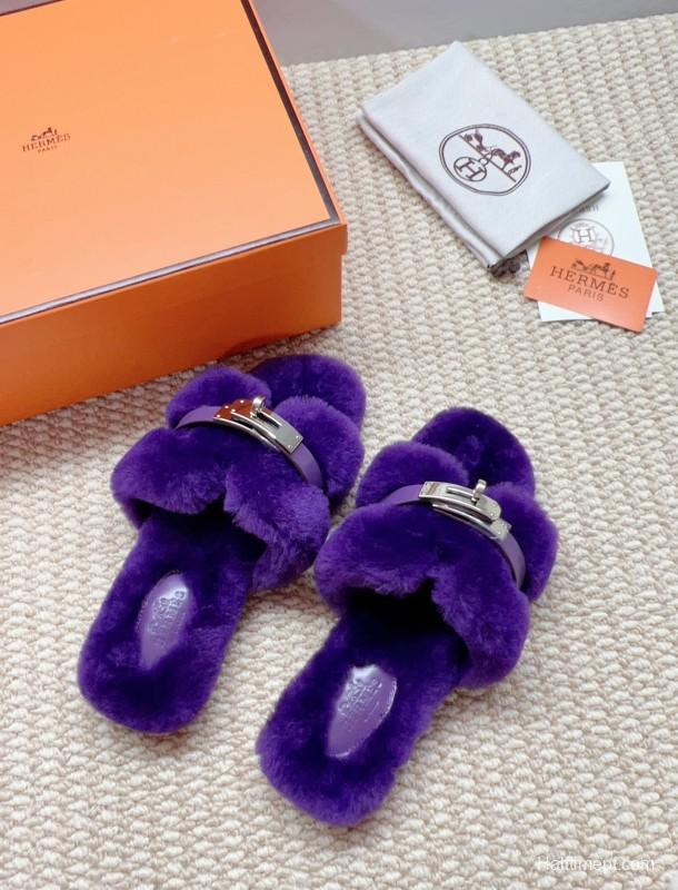 Hermès 2025/SS Teddy Wool H Slippers Flat Fur Slides - LY00260/230