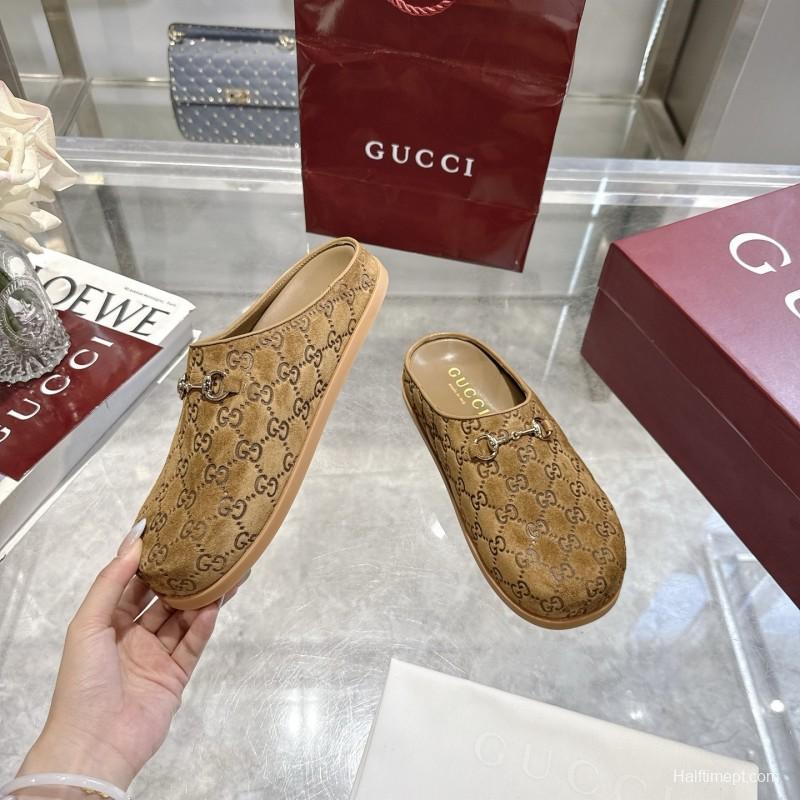 Gucci Camel Suede GG Embossed Horsebit Mule Sandals - LY00240