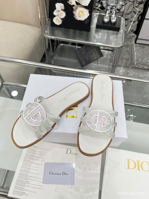Dior D-Lane Sandals Hollow-out Flat Sandals with Gold Embellishment - LY00220/LY00260
