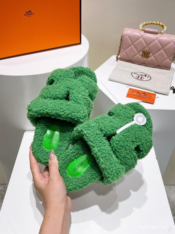 H Full Straight Fur Slippers with Grain Fur - LY00300