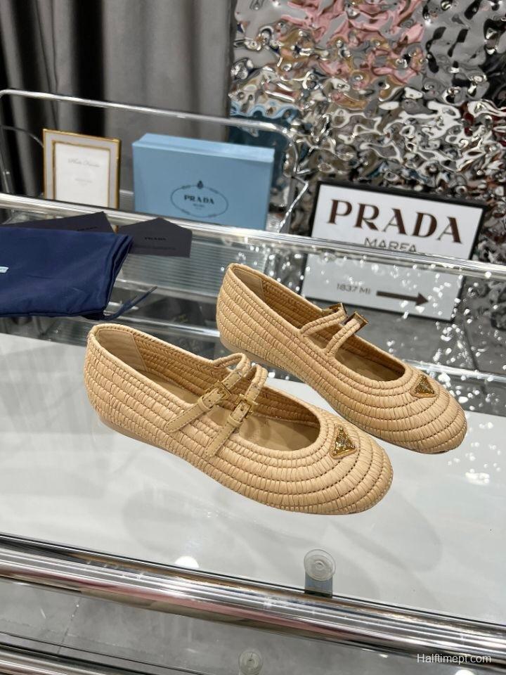 Prada Summer New Raffia Ballet Flats - KFY00340