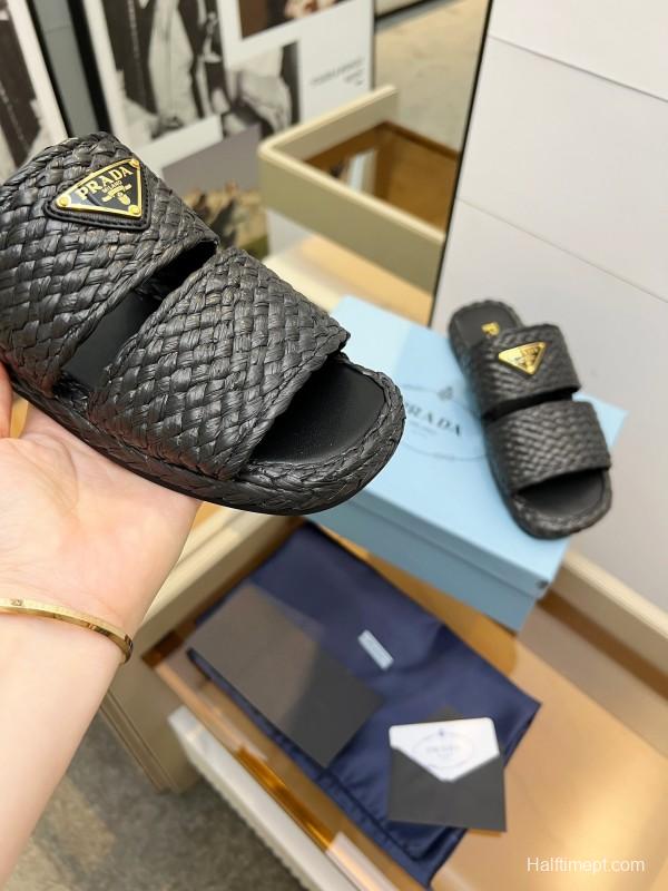 Prada 2025 SS Raffia Handwoven Open-Toe Sandals - KFY00260